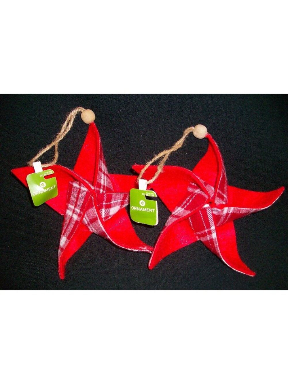 Red & Plaid Star Pinwheel Christmas Ornament Set 2 Jute String Hanger